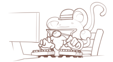 A tiny mouse with sunglasses and a little hat, typing on a split keyboard.